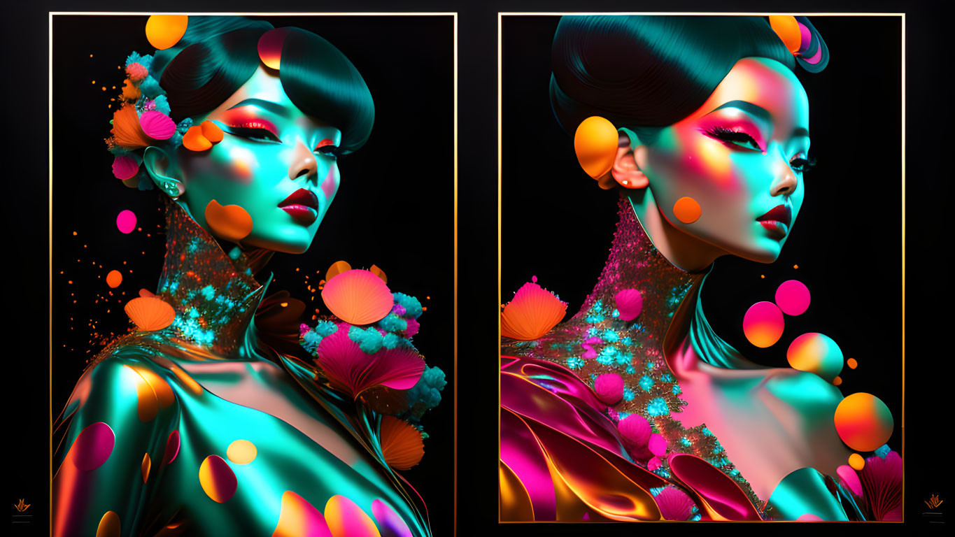 Vivid digital art diptych of woman with neon makeup and flowers on black background.