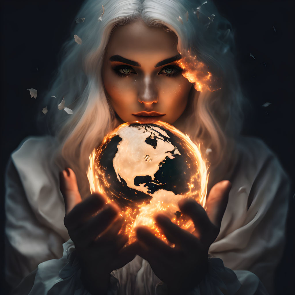 Pale-skinned person with white hair holding glowing Earth orb among embers and butterflies