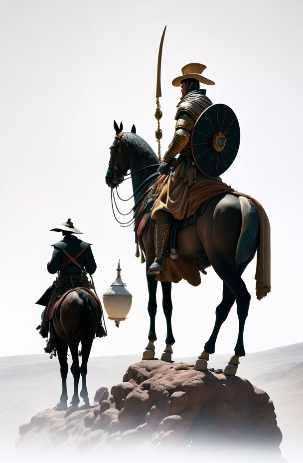 Samurai warriors on horseback with spear, shield, and lantern on rocky outcrop