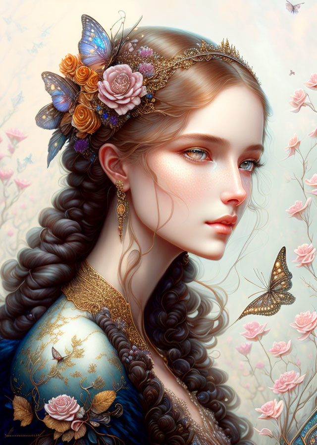 Digital painting of woman with intricate braids and floral adornments against pink blossoms