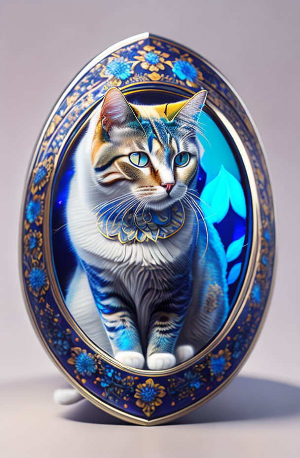 Intricate digital cat illustration in ornate oval frame