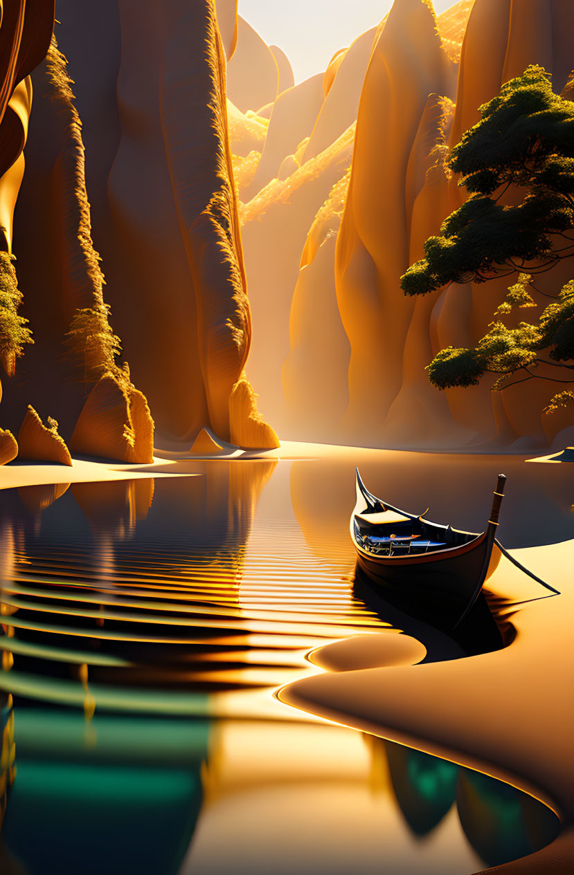 Tranquil digital artwork: lone boat, reflective water, orange cliffs, green trees