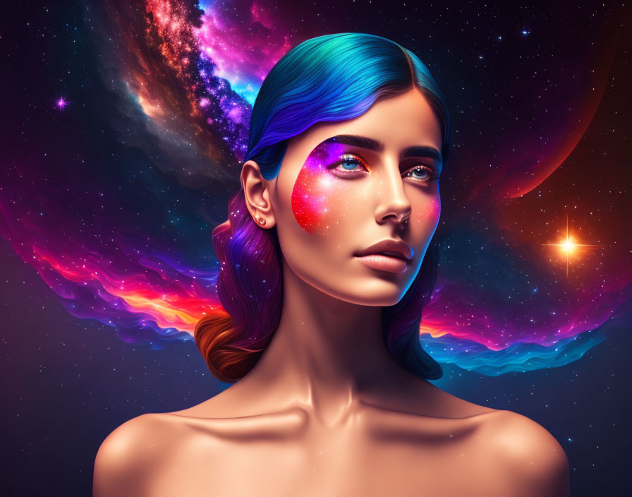 Colorful space-themed makeup on woman in digital art portrait