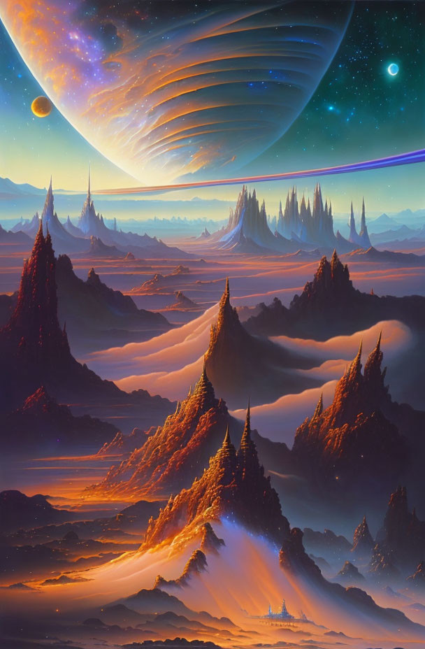 Alien landscape with spiky mountains, clouds sea, ringed planet, moon