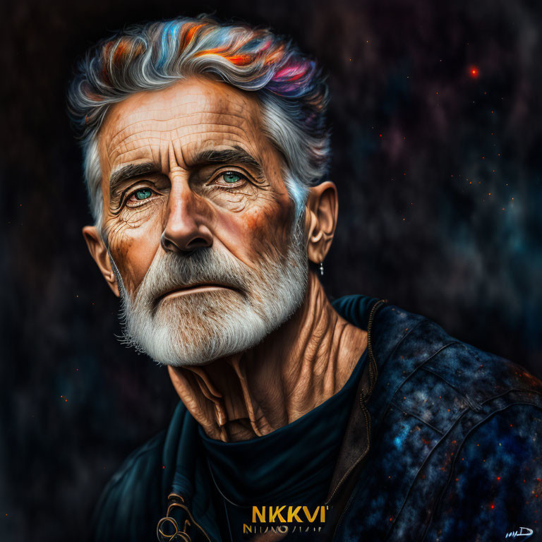 Elder Man Digital Art: Striking Blue Eyes, Silver Hair, Cosmic Background