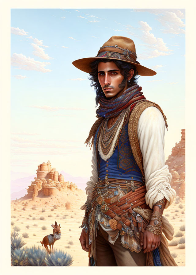 Man in Cowboy Hat with Desert Landscape and Fox Illustration