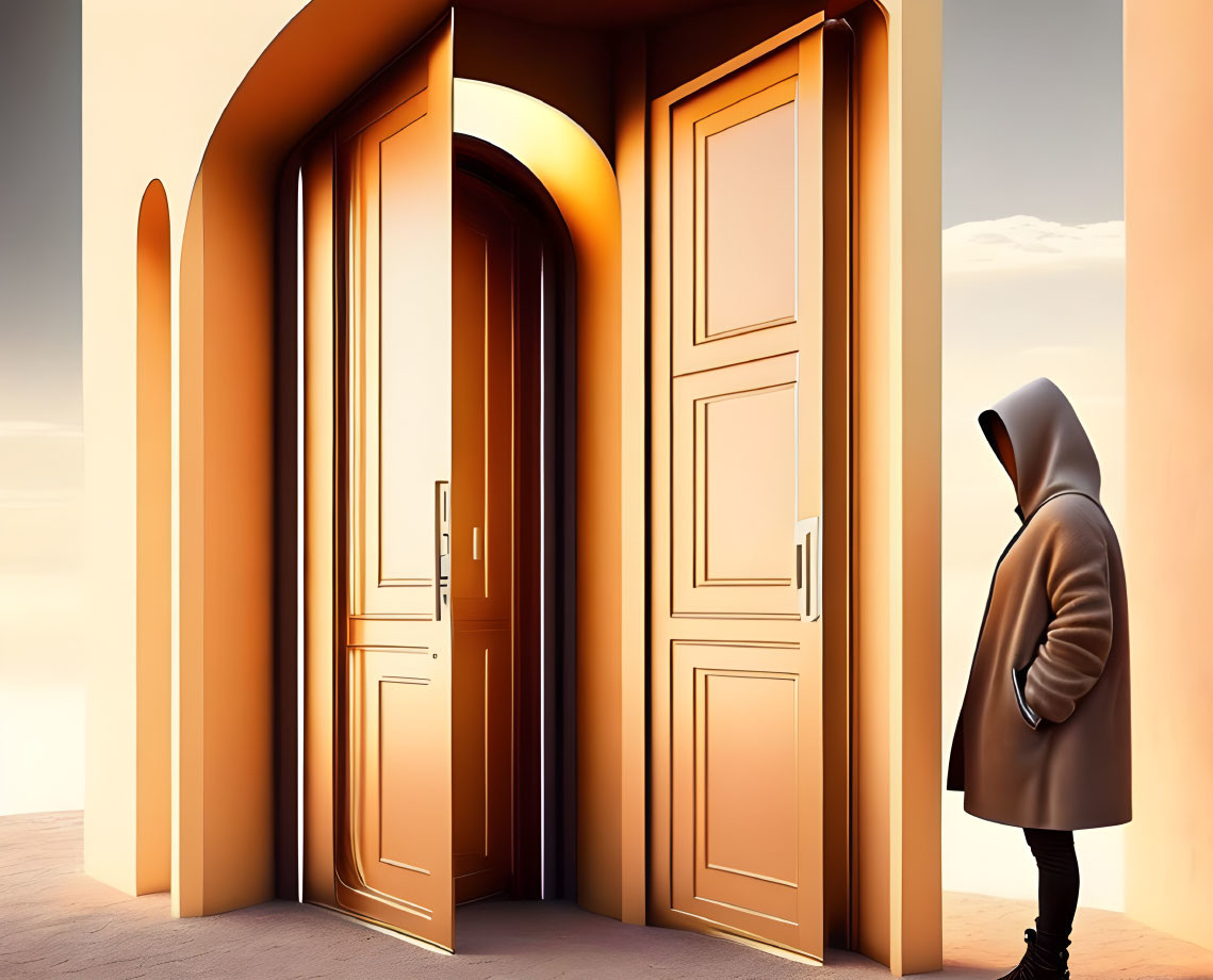 Person in Hoodie Stands Before Surreal Oversized Open Doors