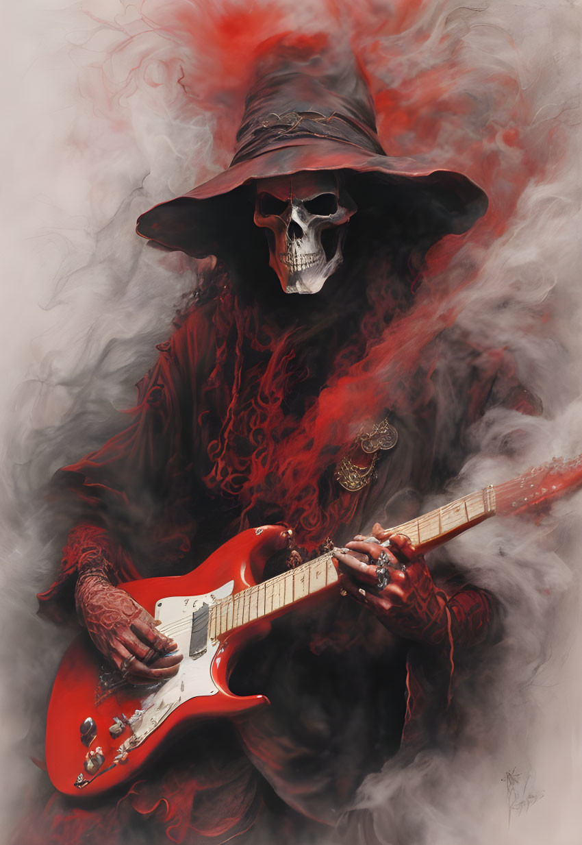 Skeleton in Cloak Plays Red Electric Guitar in Swirling Red Smoke