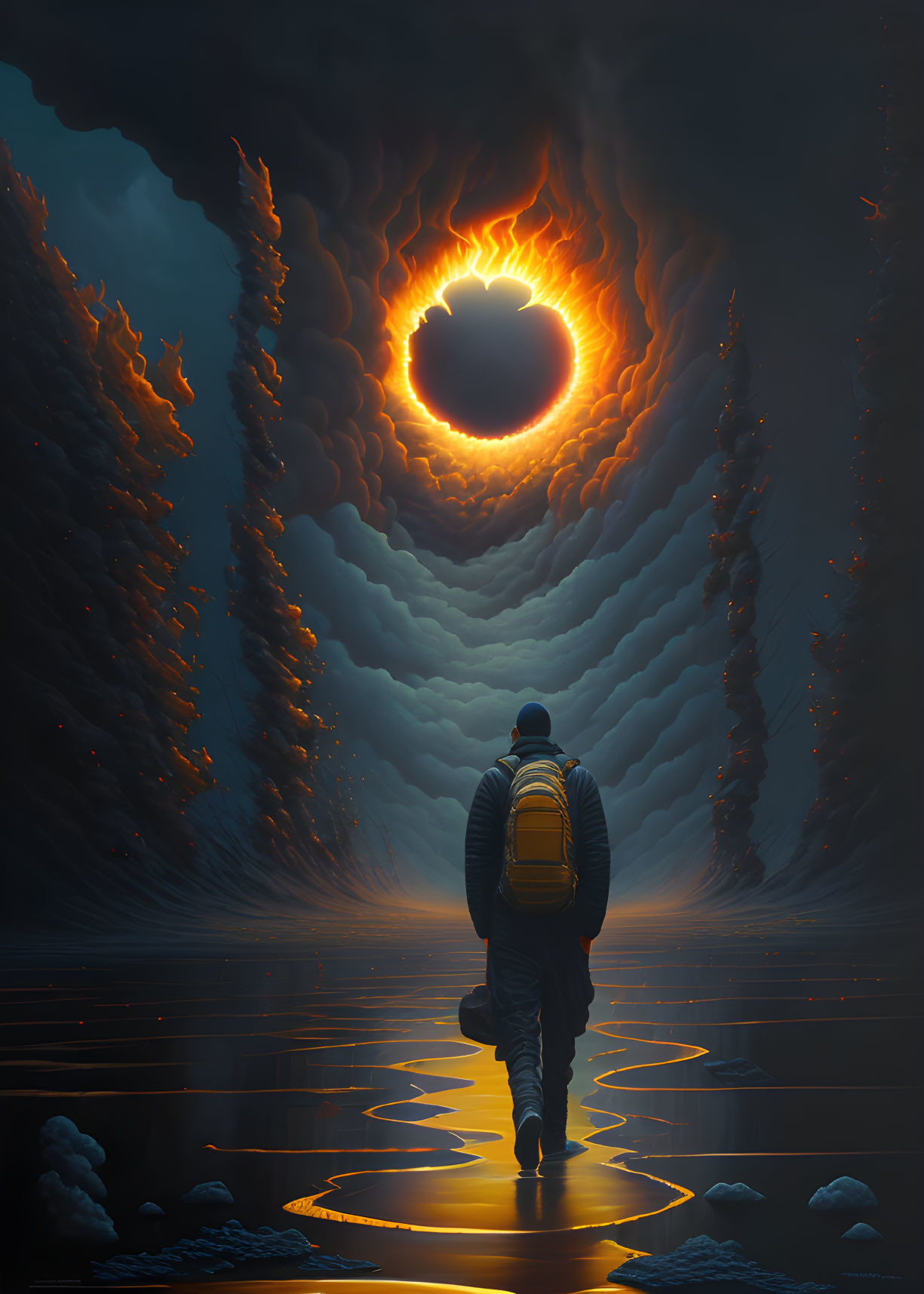 Surreal landscape with glowing eclipse and towering cliffs