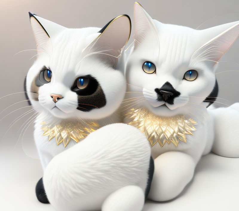 Stylized 3D-rendered cats with blue eyes and spiked collars