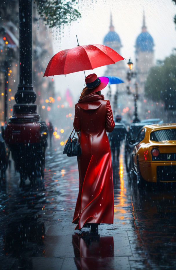 Person in red coat with umbrella on rainy city street with vintage lamps & yellow car