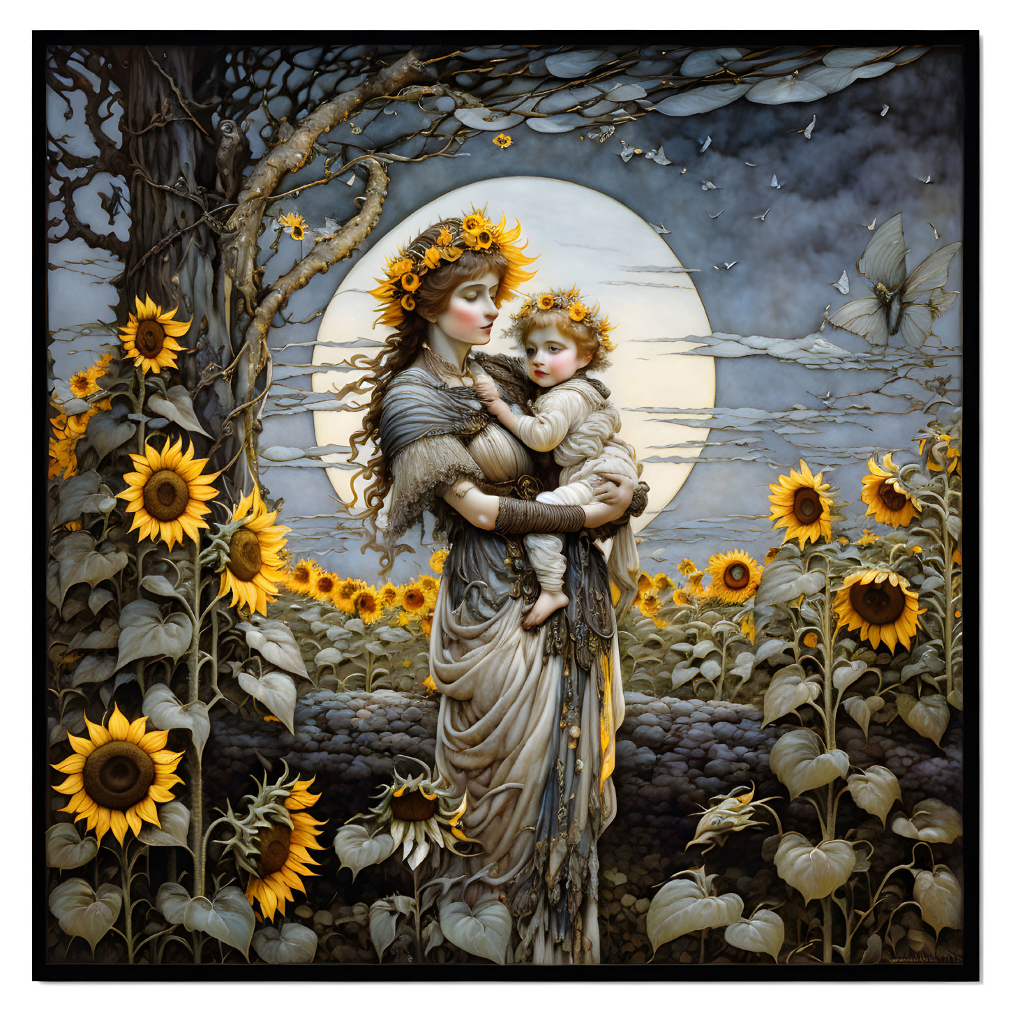 Woman and child with sunflower crowns in moonlit sunflower scene