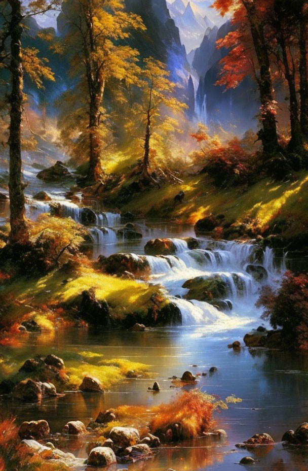 Tranquil autumn landscape with stream, colorful trees, and mountain