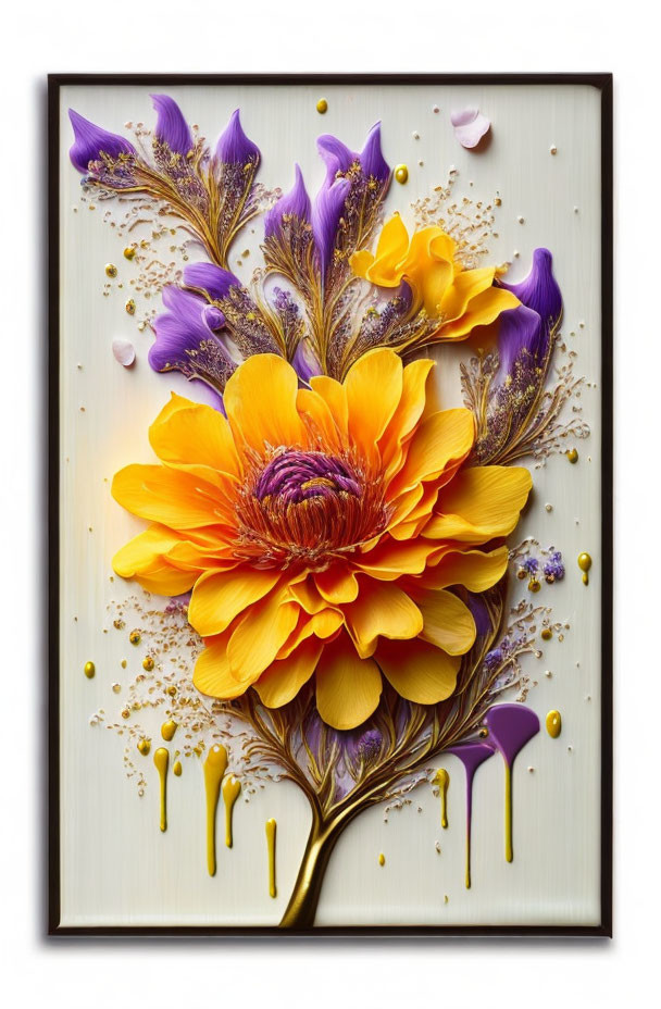 Colorful 3D paper art: Large yellow bloom with purple accents on white background