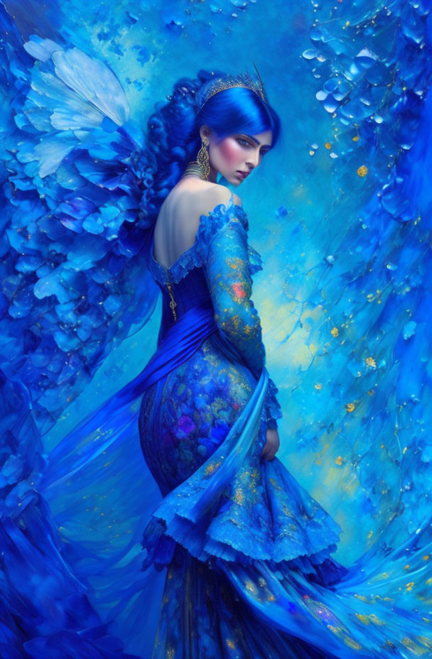 Person in Peacock-Inspired Blue Makeup & Attire Against Vibrant Fantasy Backdrop