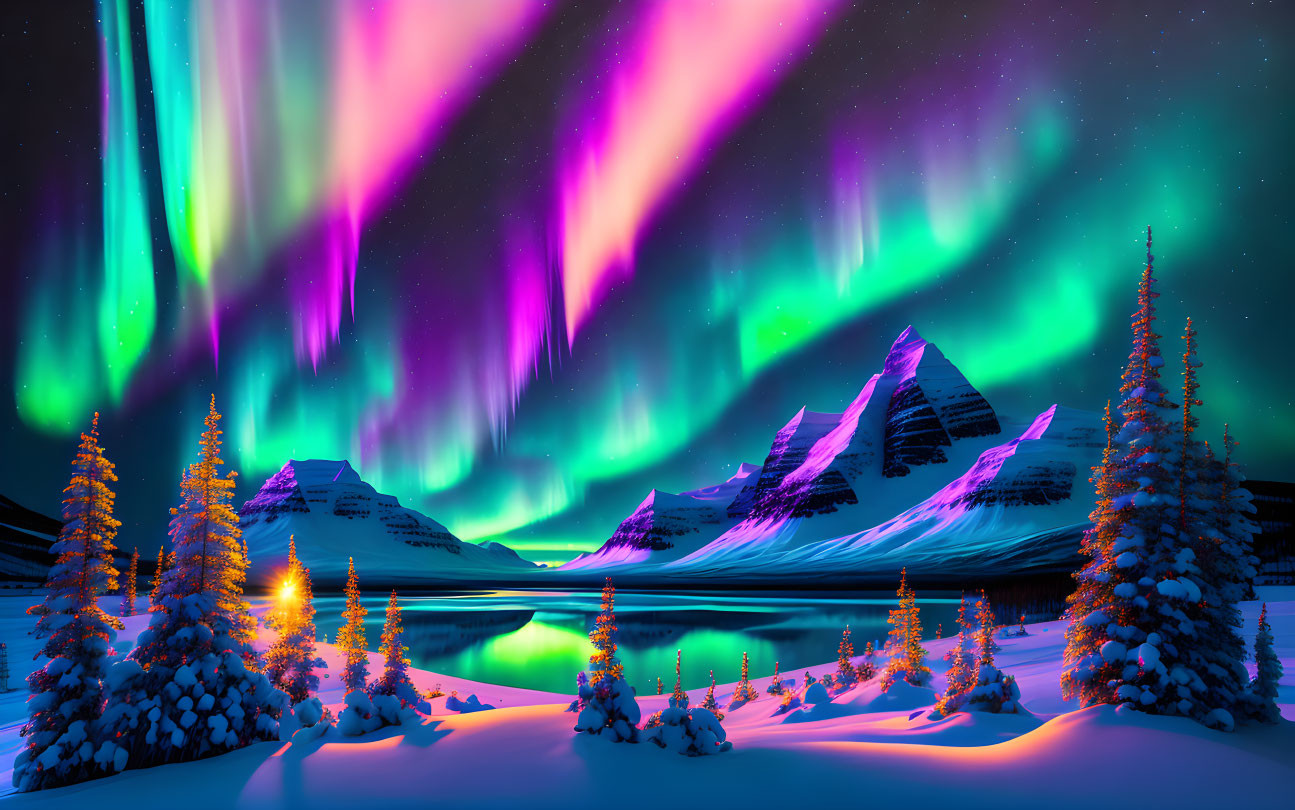 Northern Lights shimmer above snowy peaks, lake, and pine trees