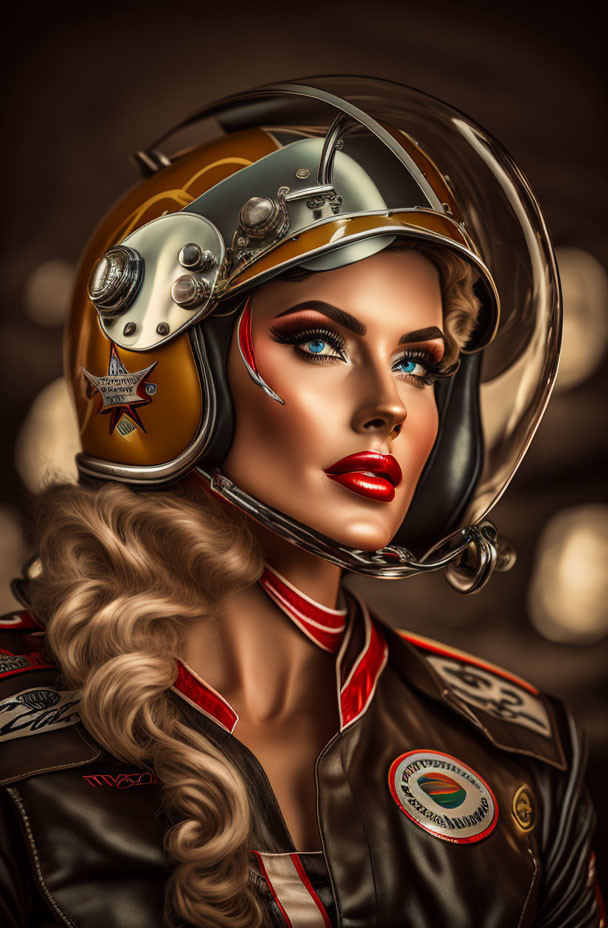 Digital portrait of woman with racing helmet and leather jacket