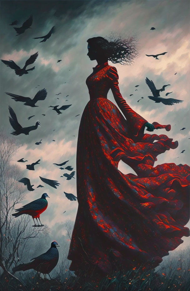 Woman in flowing red dress surrounded by birds under moody sky