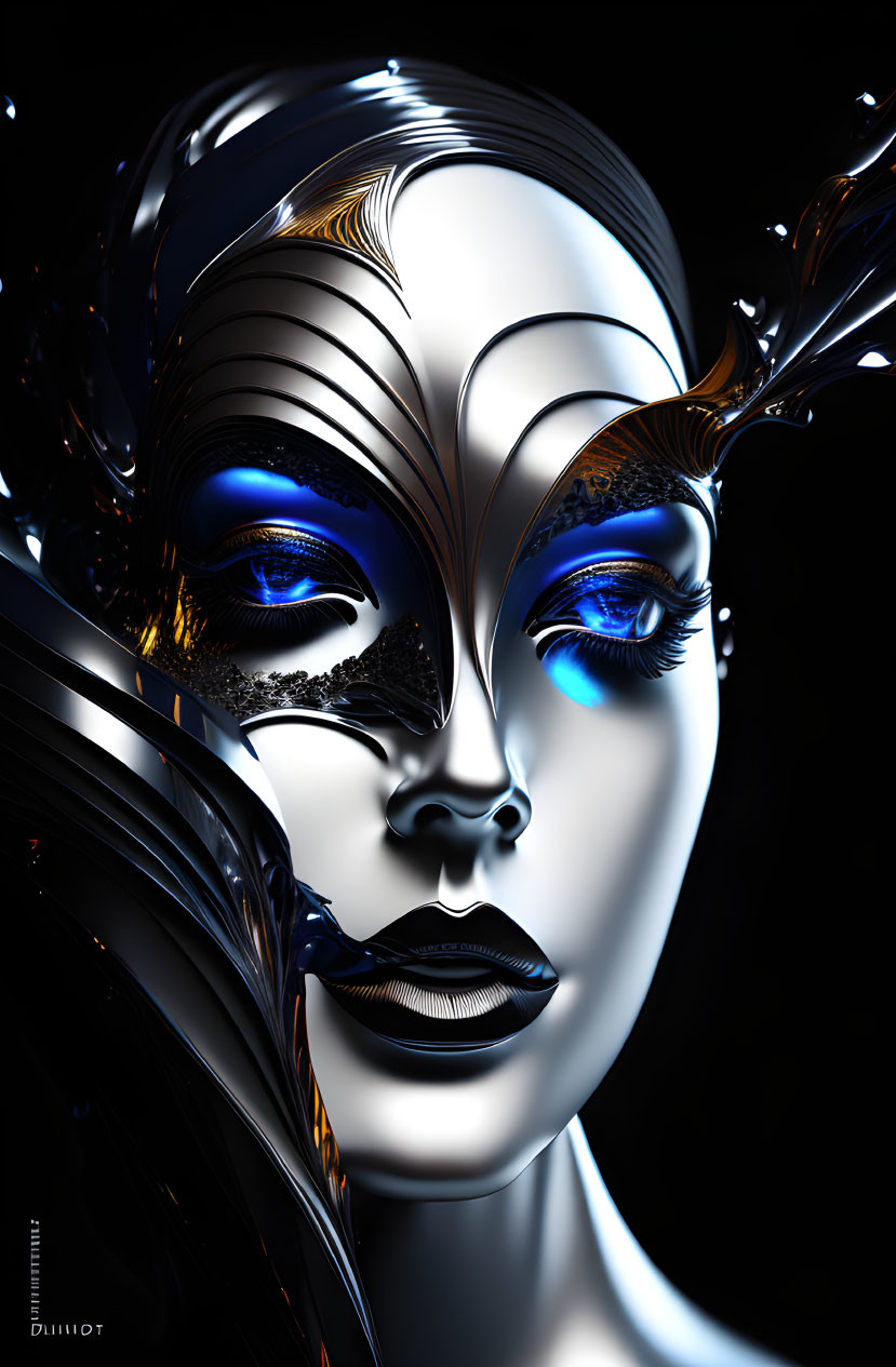 Stylized digital art: metallic female face with blue accents and golden splashes