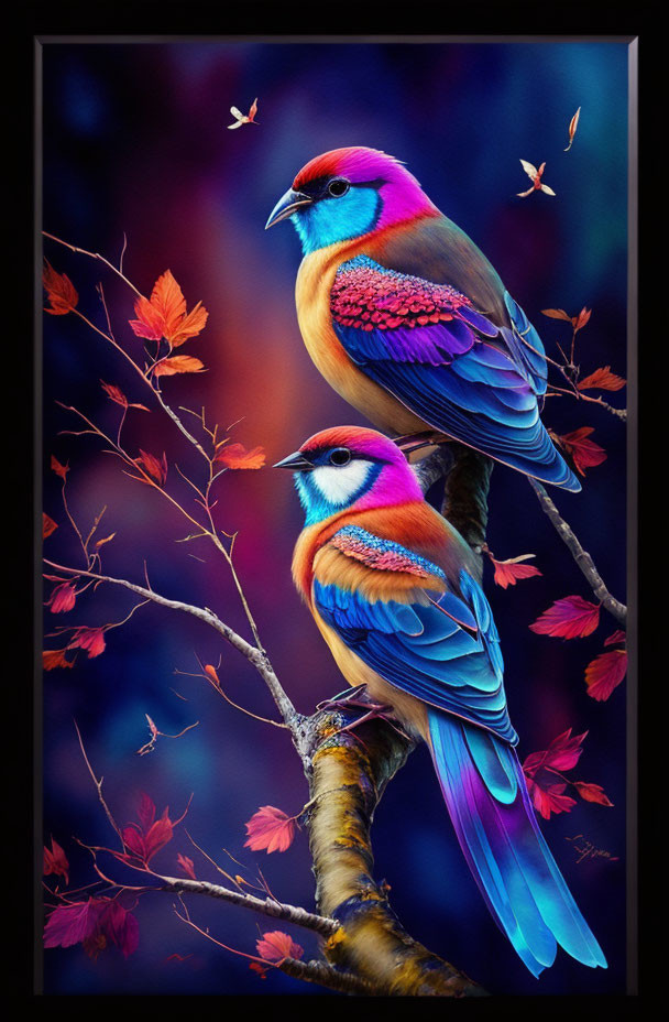 Colorful Birds Perched on Branch with Red Leaves in Autumn Scene