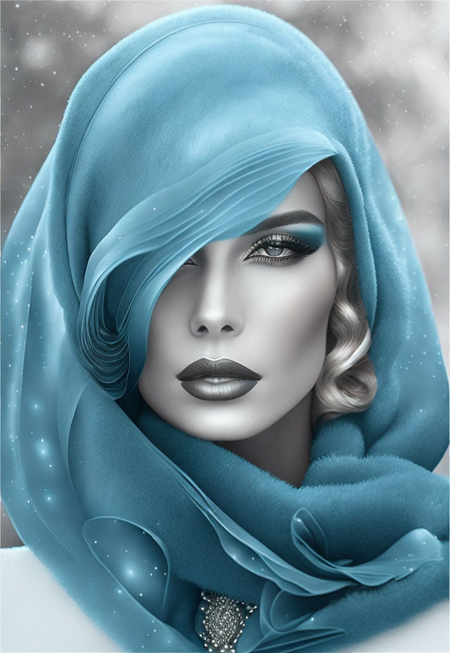 Monochromatic portrait of woman with blue scarf in snowy setting