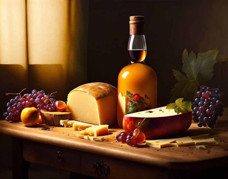 Cheese varieties, grapes, apricot, and liquid bottle on wooden table