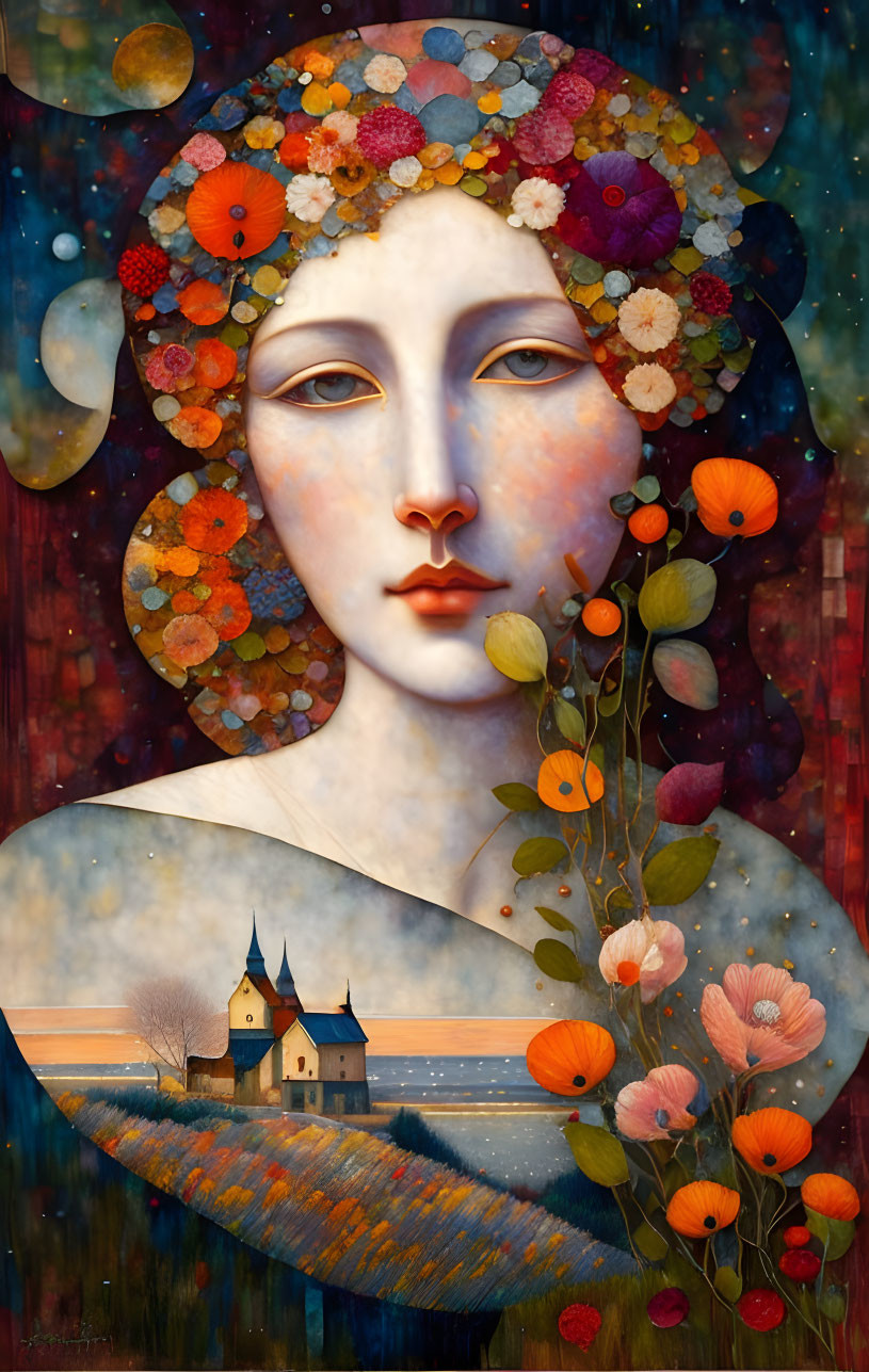 Surreal portrait of female figure with floral headdress and landscape church integration