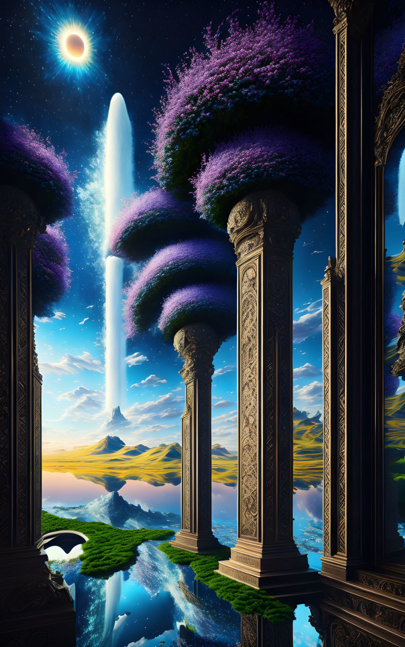 Fantastical landscape with ornate columns, luminous beam, purple-topped trees, starry