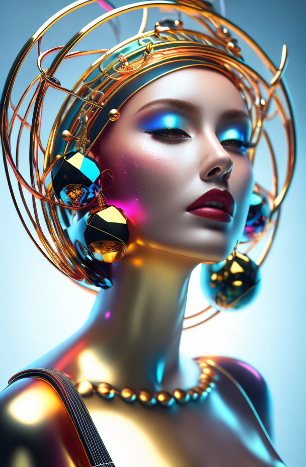 Golden headdress and vibrant makeup on futuristic female figure.