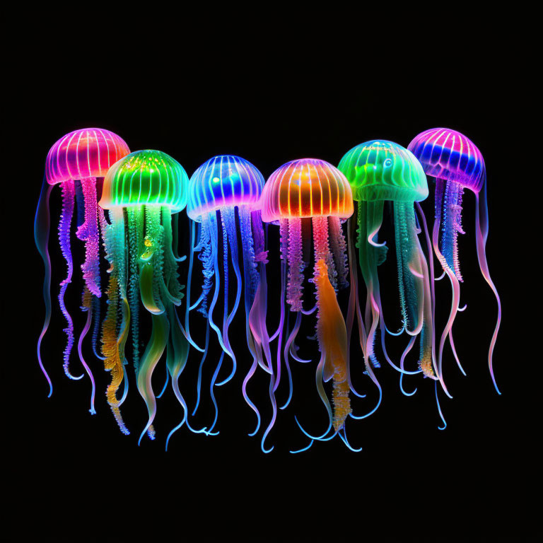 Vibrant Neon-Colored Jellyfish on Black Background