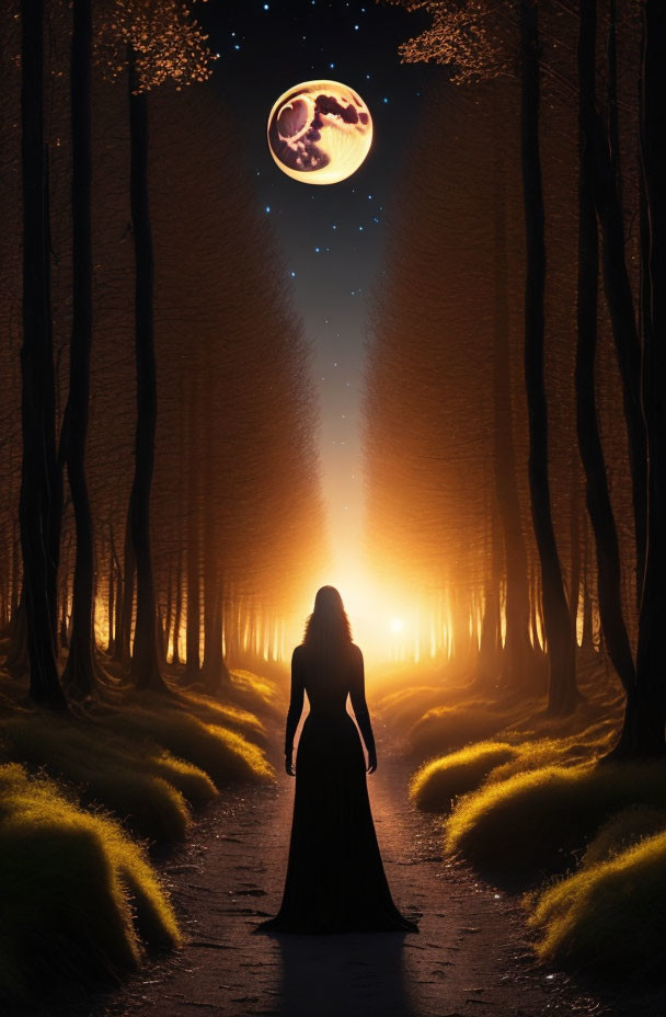 Silhouette of person in forest path under oversized crescent moon