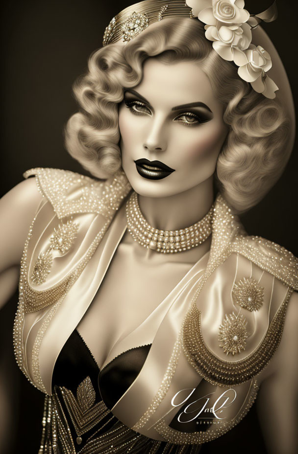 Vintage portrait of woman with glamorous wavy hair and bejeweled dress