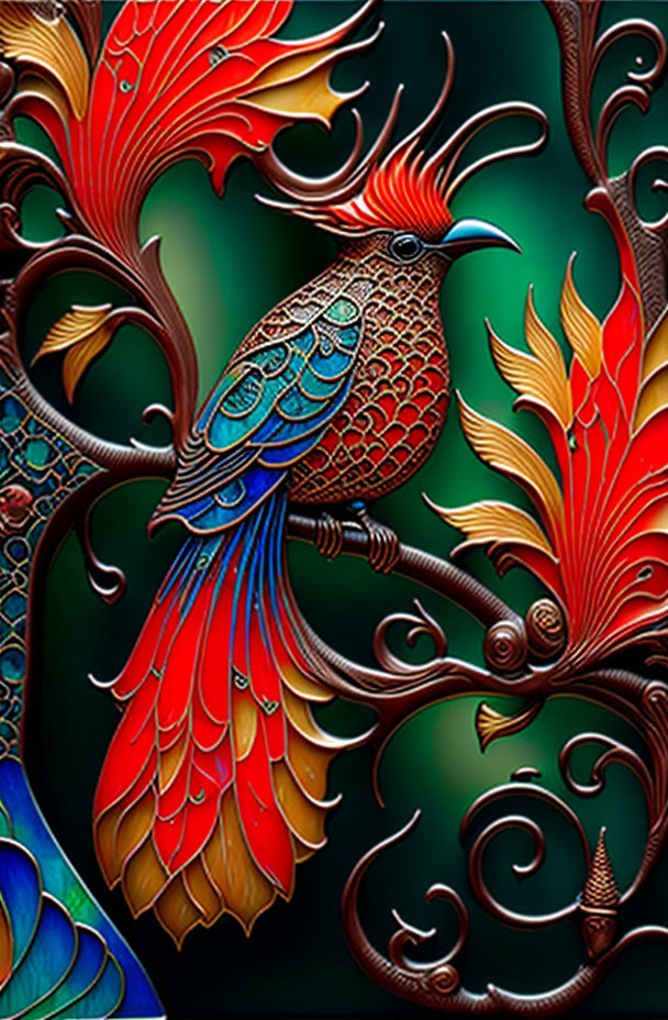 Colorful bird perched on branch with ornate feathers & dark background