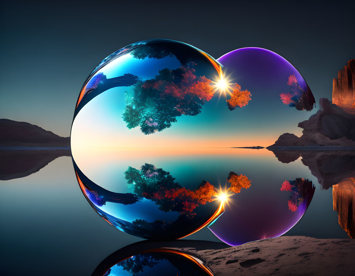 Glossy spheres reflecting vibrant sunset on serene beach