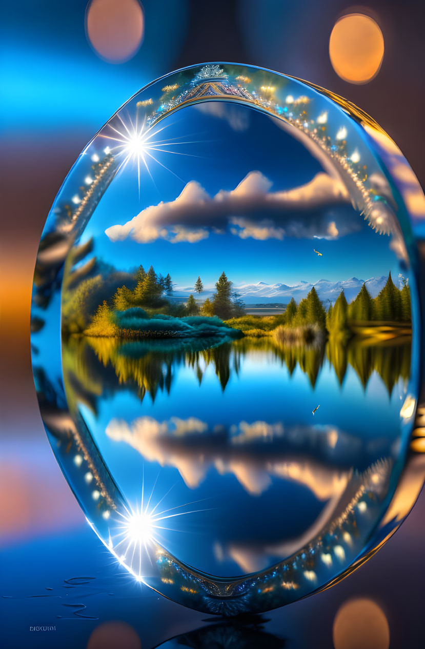 Circular Frame Surreal Landscape: Reflective Water, Trees, Mountains, Twilight Sky