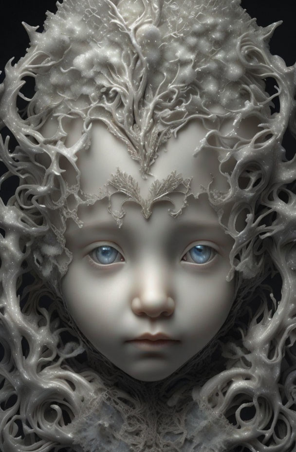 Detailed sculpture of person with coral-like hair and realistic blue eyes