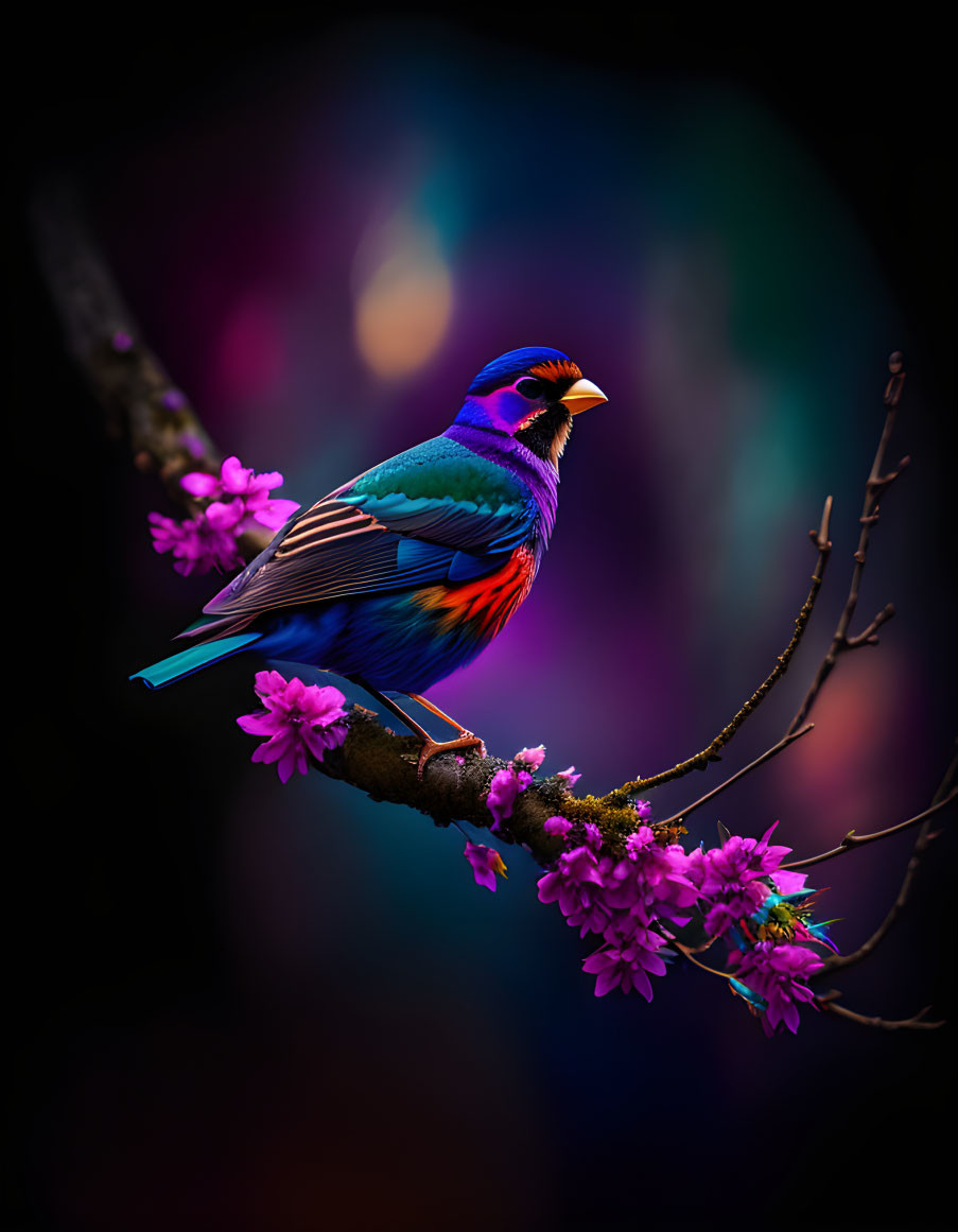 Colorful bird perched on branch with pink blossoms on dark background