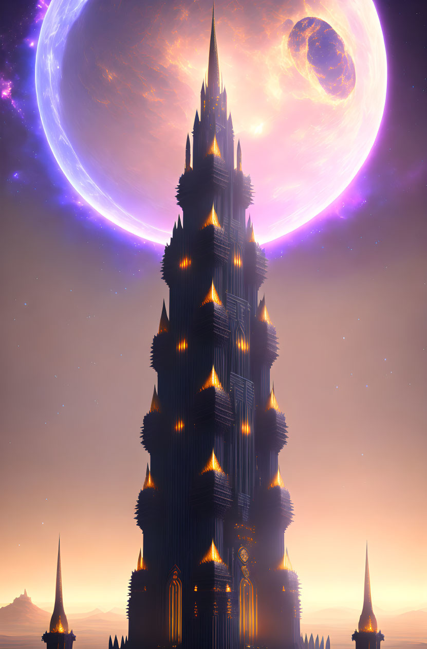Gothic castle with illuminated windows under purple planet and moon.