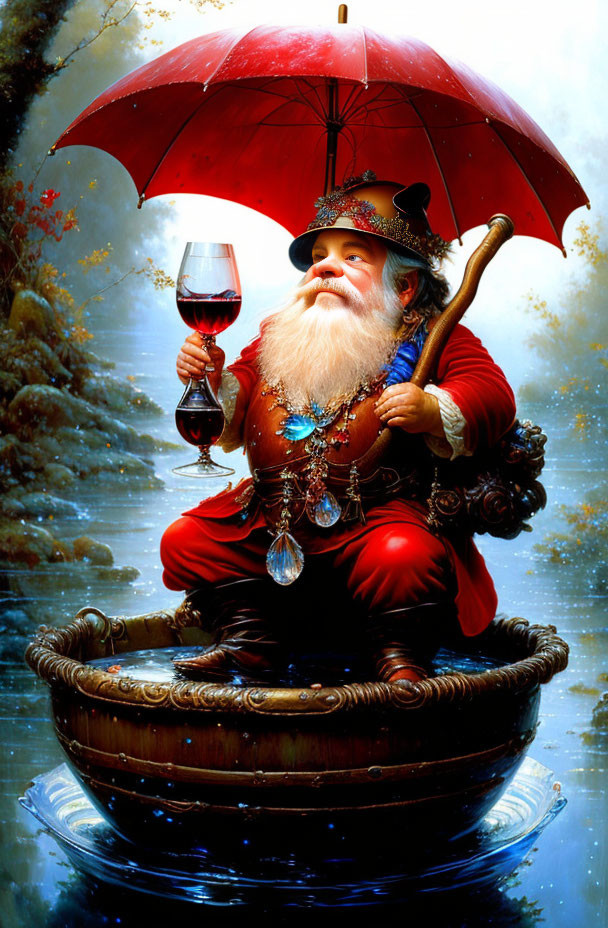 Bearded man in red outfit with wine glass under red umbrella in enchanted forest