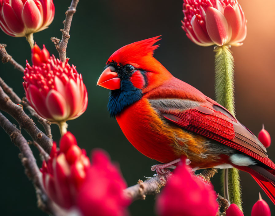 Vibrant red cardinal bird on branch with pink blossoms in soft light