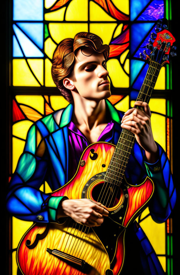 Colorful Stained Glass Style Illustration of Person Playing Sunburst Guitar