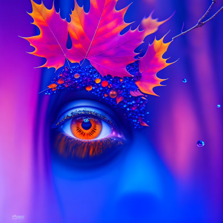 Human eye peering through leaf with dew drops on purple and blue gradient.