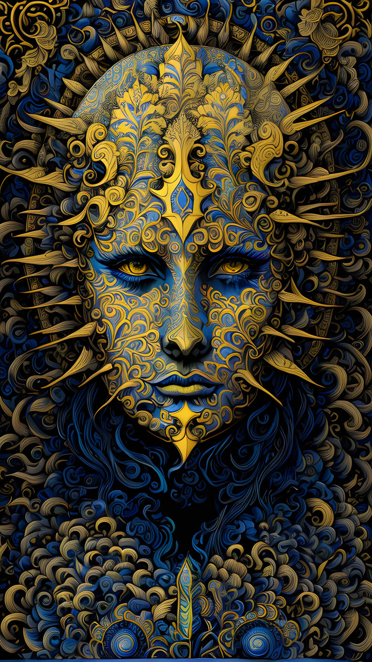 Symmetrical blue and gold face art with abstract swirls