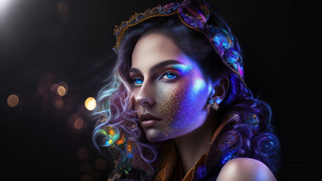 Portrait of Woman with Vibrant Blue Eyes and Golden Crown, Ethereal Makeup