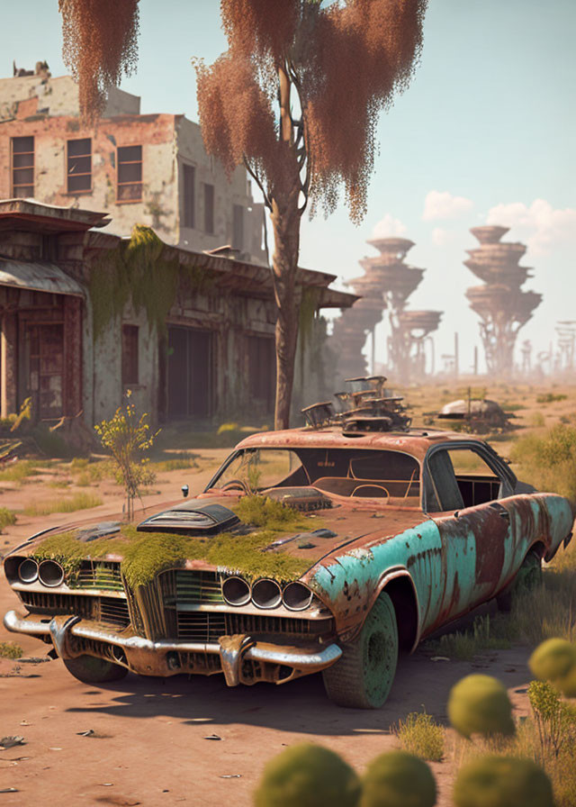 Abandoned vintage car in overgrown town with futuristic buildings afar