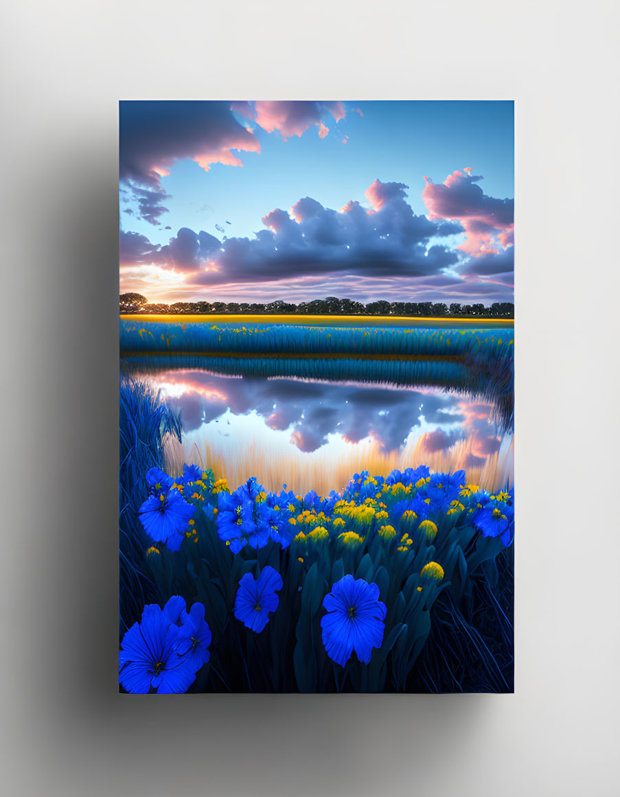 Tranquil sunset landscape with blue flowers, reflective lake, and colorful sky