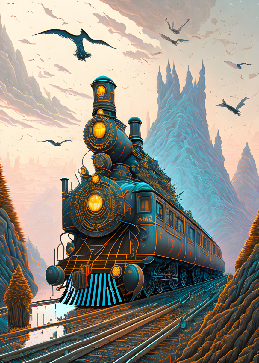 Vintage Steam Train with Ornate Gold Detailing in Vibrant Fantasy Landscape