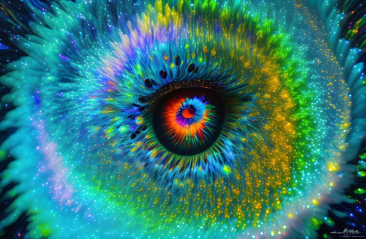 Colorful macro eye shot with galaxy-like patterns.