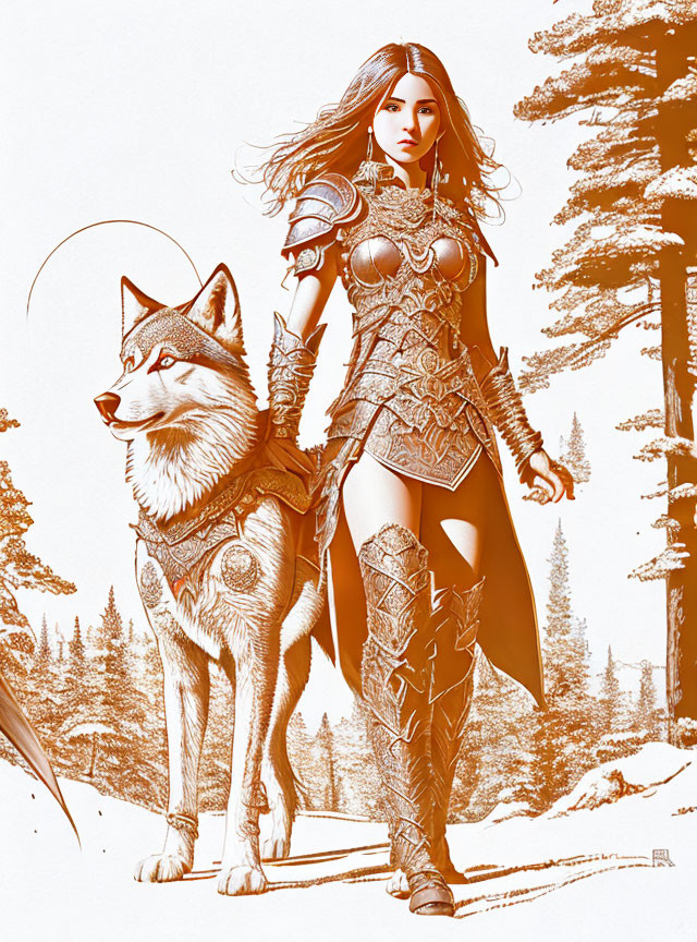 Detailed armor warrior woman walks with large wolf in forested area