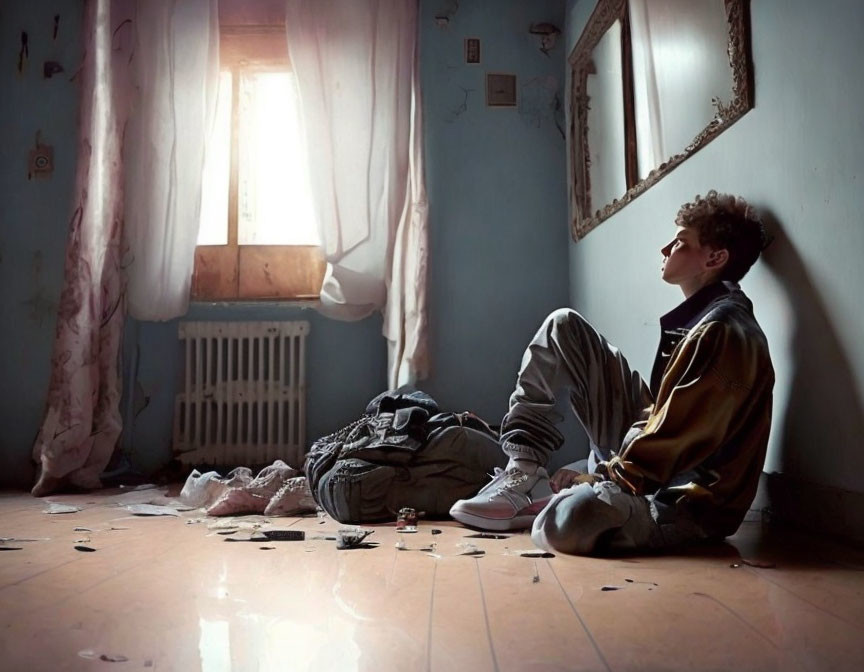 Person sitting in dilapidated room with light streaming in